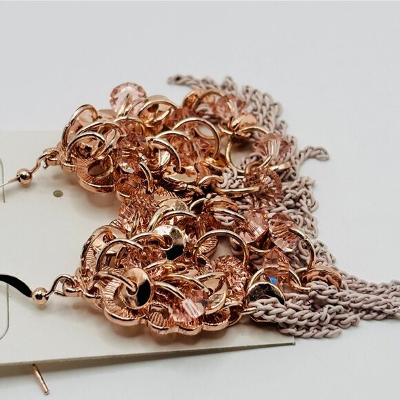 Francesca’s Rose Gold Chandelier Dangle Earrings Pink Crystal Beads Chain Fringe - Picture 3 of 4